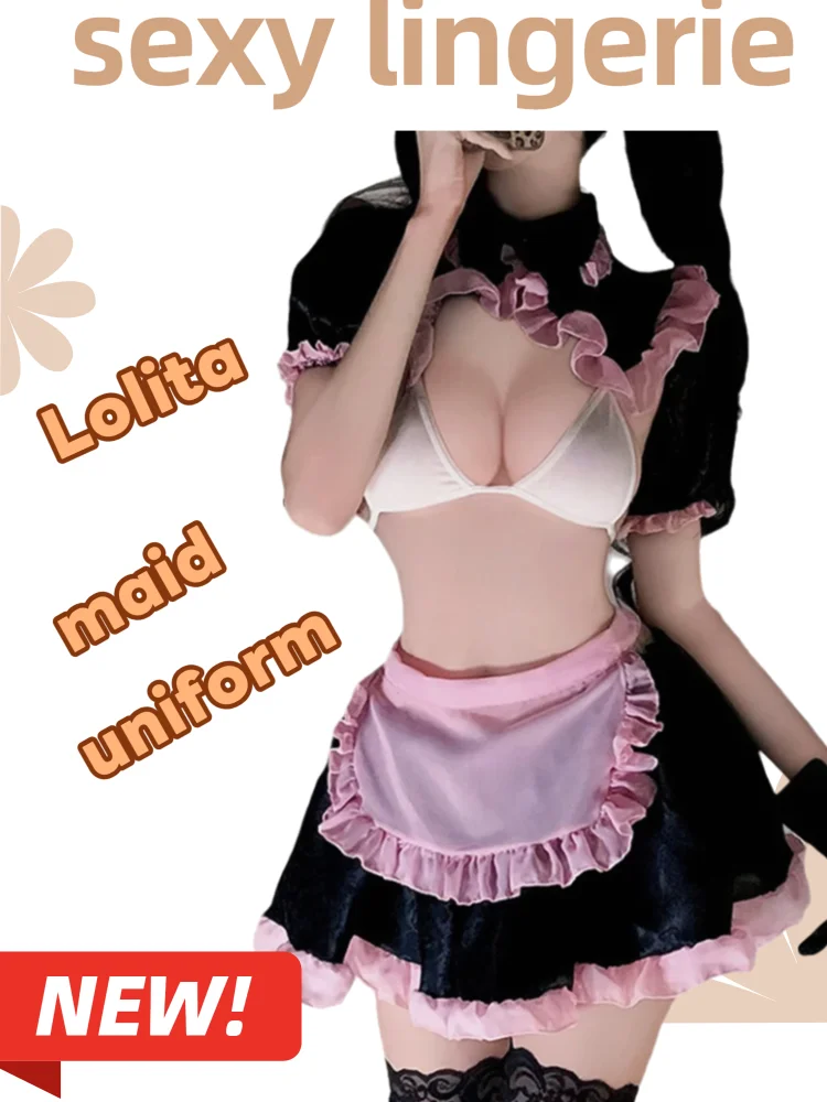 

Sexy lingerie semi transparent cute girl Erotic maid Lolita uniform chiffon transparent sleeping dress woman underwear set hot