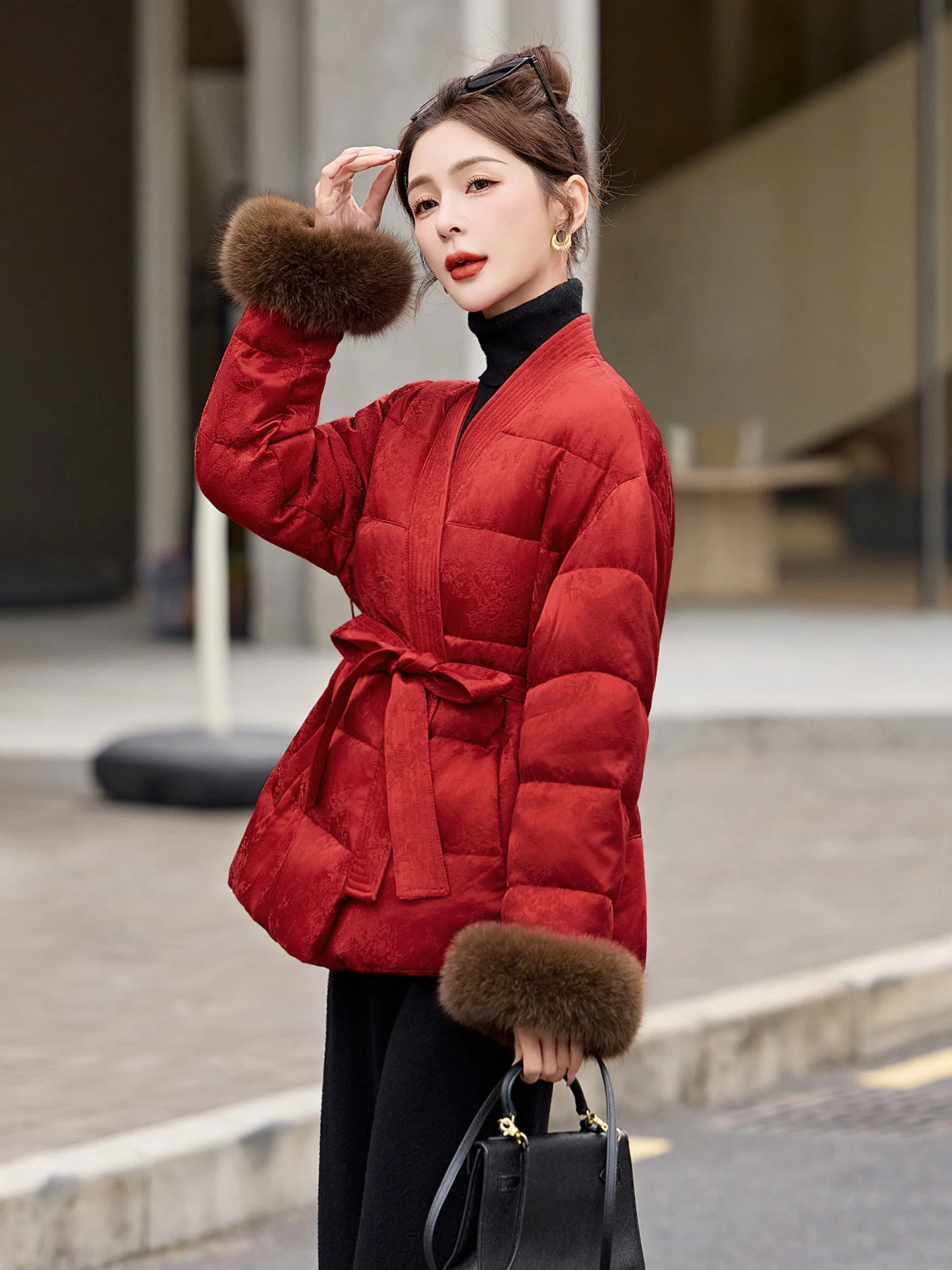 Nuovo piumino da donna cinese Sle Jaet con cintura Du down Fur Sve Cappotto invernale di fascia alta Tessuto caldo e soffice in poliestere