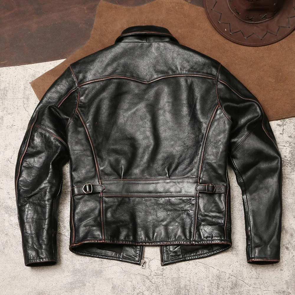 1930 Vintage Distressed Genuine Leather Jacket, Hard Tea Core Cowhide Short Lapel Slim Genuine Coat for Autumn Winter - view 4