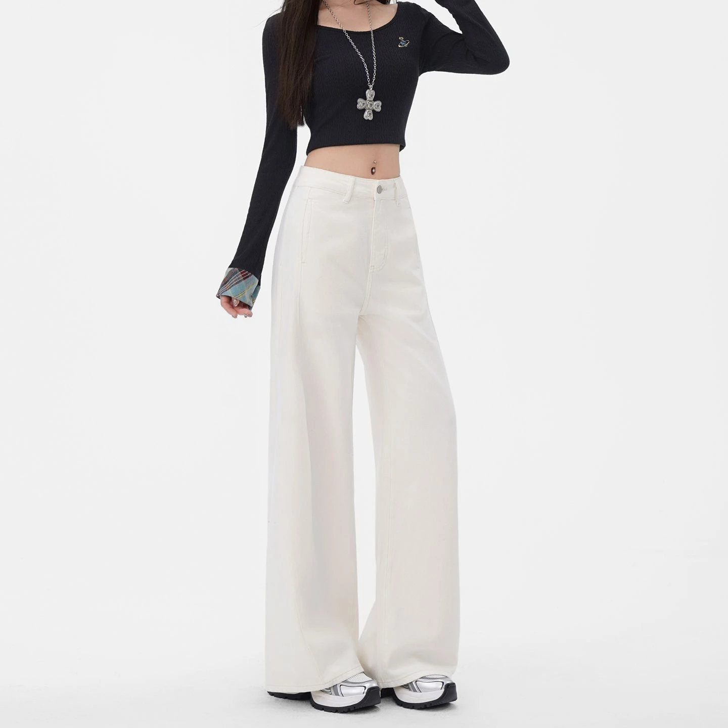 FINEWORDS Hohe Taille Vintage Weiß Ausgestellte Jeans Frauen Koreanische Streetwear Bell-Bottom-Jeans Easymatch Volle Länge Casual Jeans