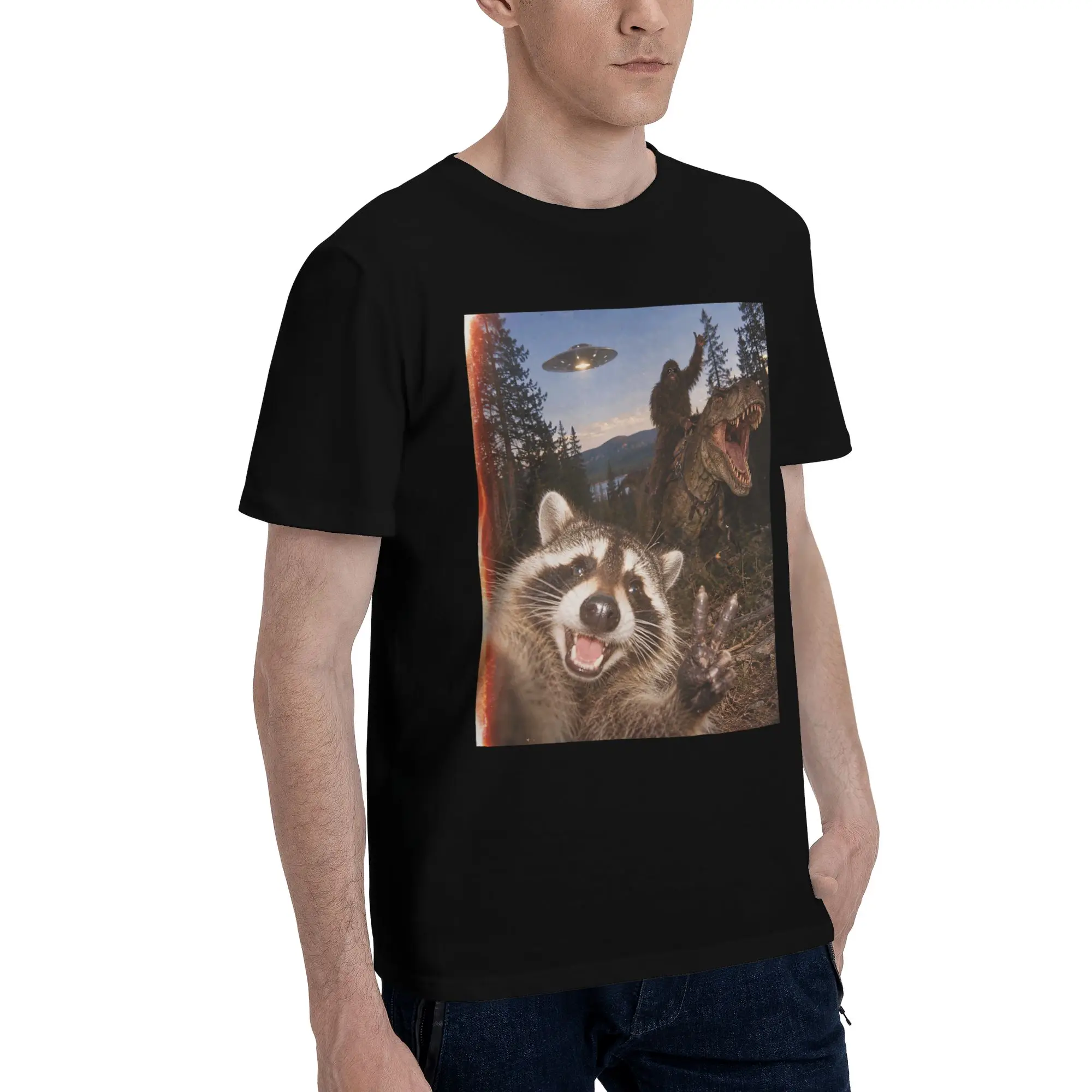 Funny Bigfoot Ride Dinosaur Raccoon Tee Shirt for Men Women New Arrival T Shirts  Cotton Clothing