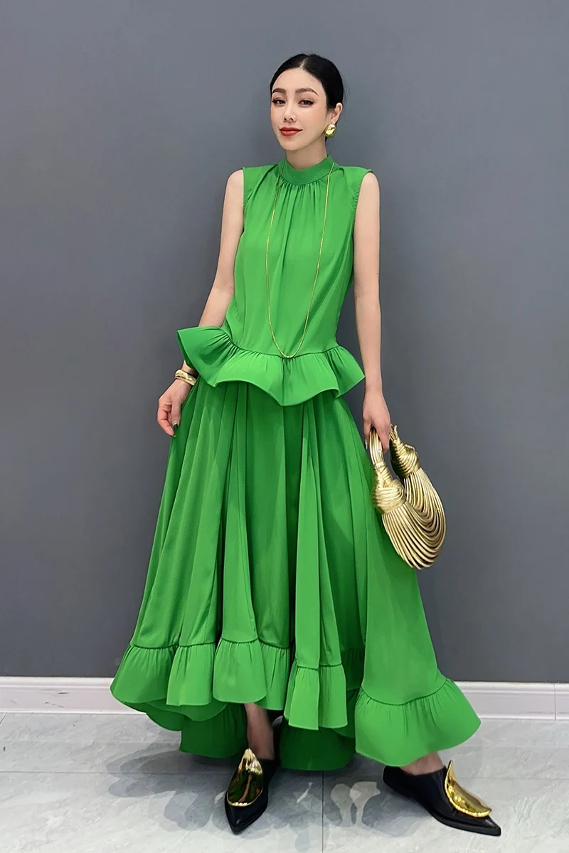 Vefadisa Newest 2024 Summer Green Women Sets Sleeveless Ruffle Edge Top Large hem Long Skirt Two pieces Dress Sets HLX064