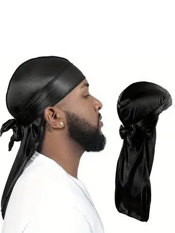 Men's Silky Turban Head Wrap Hat Wig For Men Women Satin Couple Biker Headwear Headband Hair Accessories Extra Long Tail