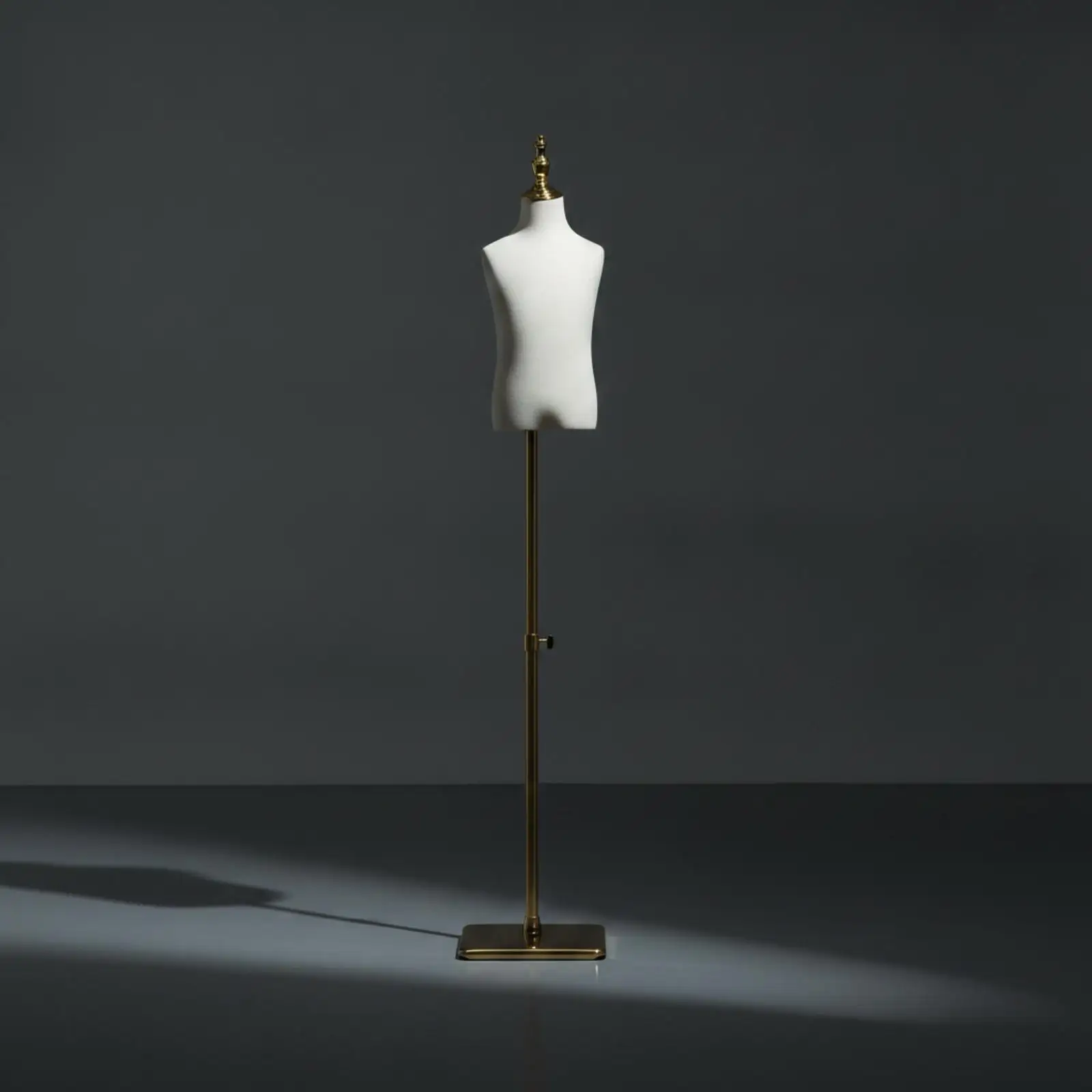 Adjustable Kids Mannequin Form White Fabric Covered Torso with Metal Base Gold Accent Child Apparel Display Stand for Retail