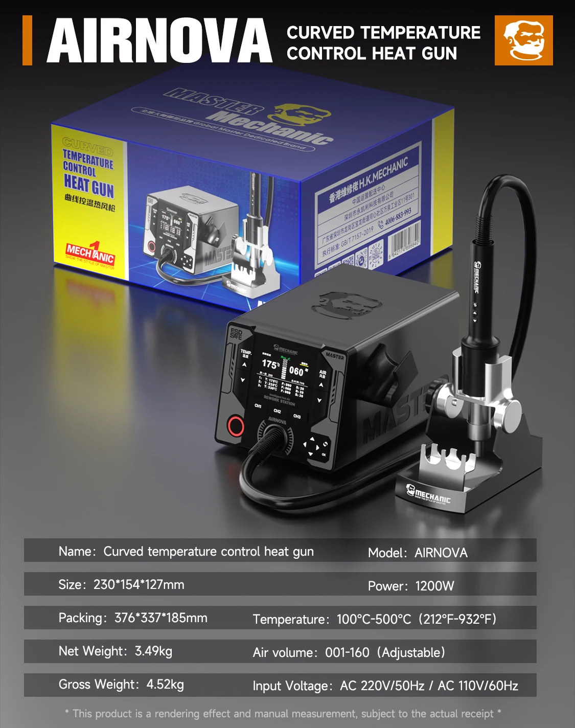 MECHANIC AIRNOVA 1200W Heteluchtstation met temperatuurregeling voor het opnieuw solderen van BGA IC's en PCB's, geschikt voor het desoldeerden en repareren van moederborden van mobiele telefoons.