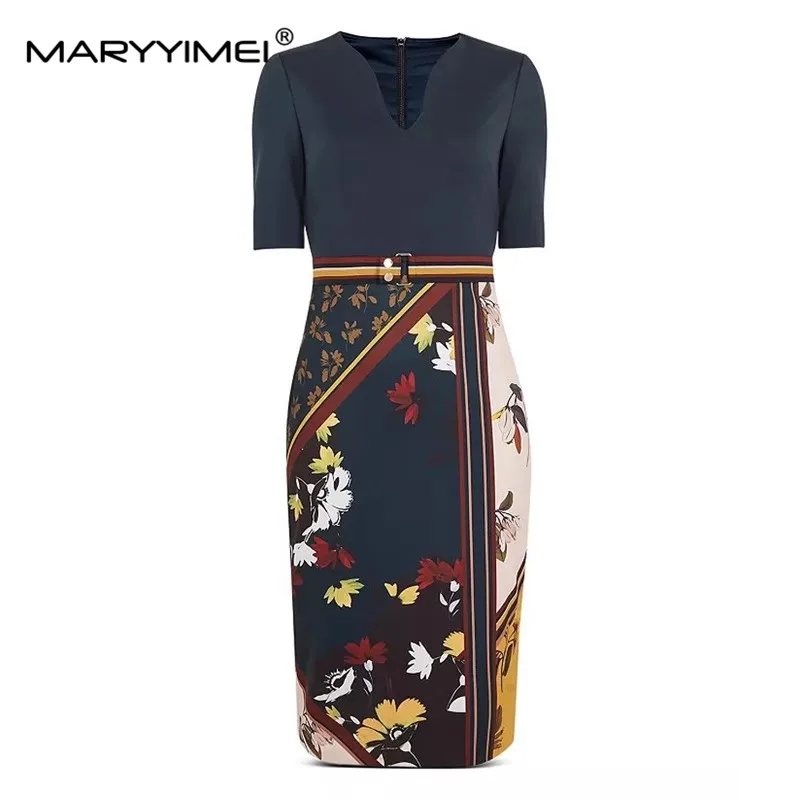 MARYYIMEI Fashion Designer Summer Women's dress V-neck Short sleeved Floral-Print Silk Package hip Dresses