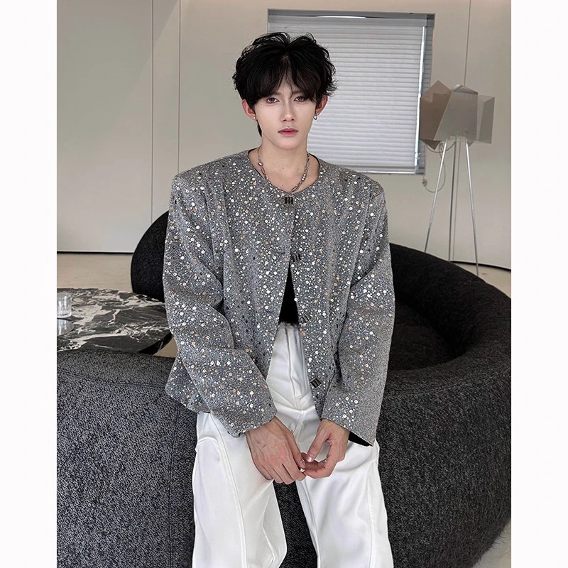 Men's 2025 Autumn New Sequin Fine Flash Short Jacket Men's Fashion Single Row Multi-Button Small Fragrant High Street Trend Coat