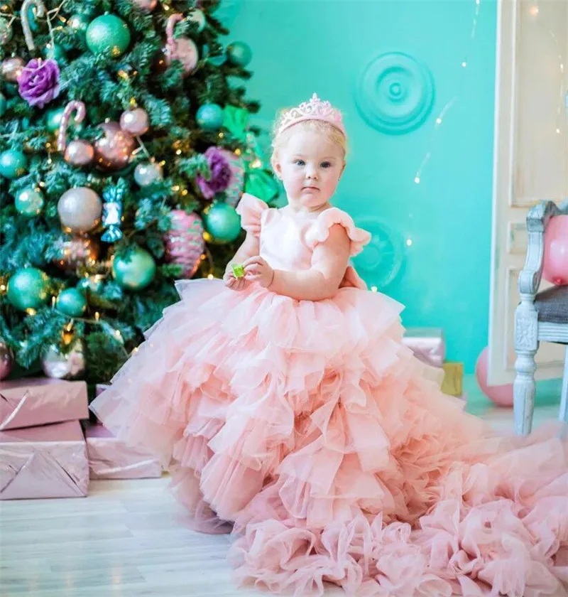 Pink Fluffy Baby Girl Gown Tulle with Long Train Infant Birthday Gown Princess Flower Girl Dress Christmas New Year Gift