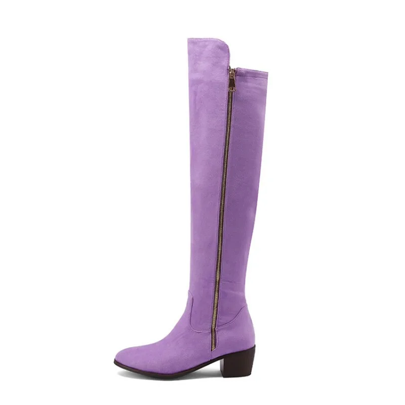 2023 Winter Female Boots Side zipper Block Heels black green Purple Over The Knee Boots Ladies Boots New Big Size 40 41 42 43