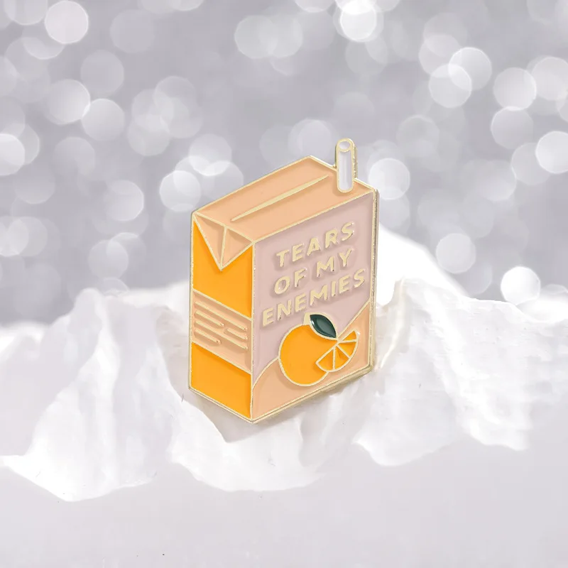 TEARS OF MY ENEMIES Enamel Pins Custom Orange Juice Drink Brooches Lapel Badges Food Jewelry Gift for Kids Friends