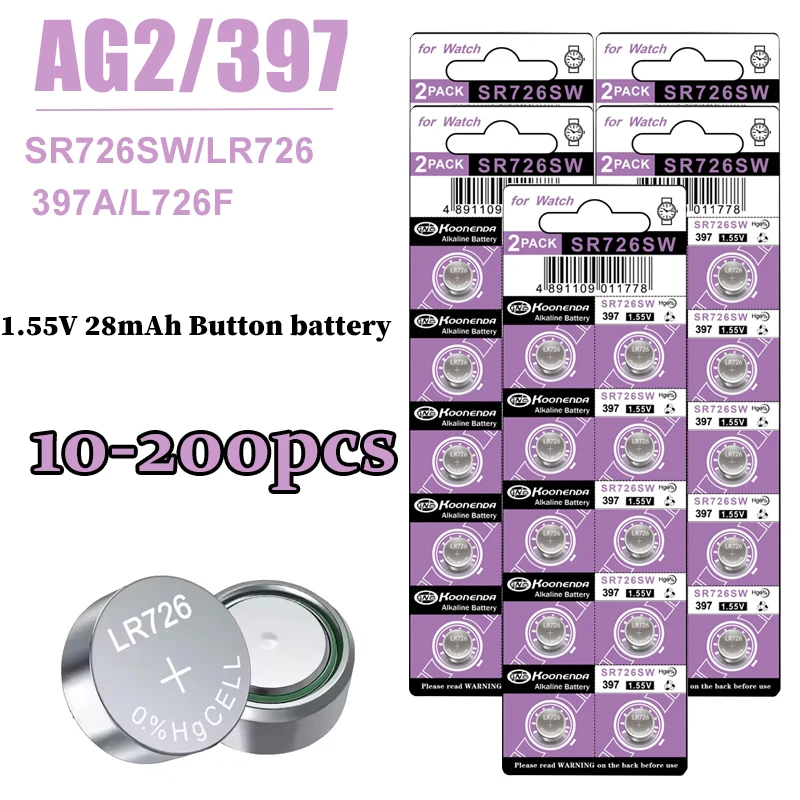

AG2 397 Alkaline Battery 1.55V LR726 397 396A SR726 SR726SW LR59 SR59 396 for Watch Toys Remote Button Cell Batteries