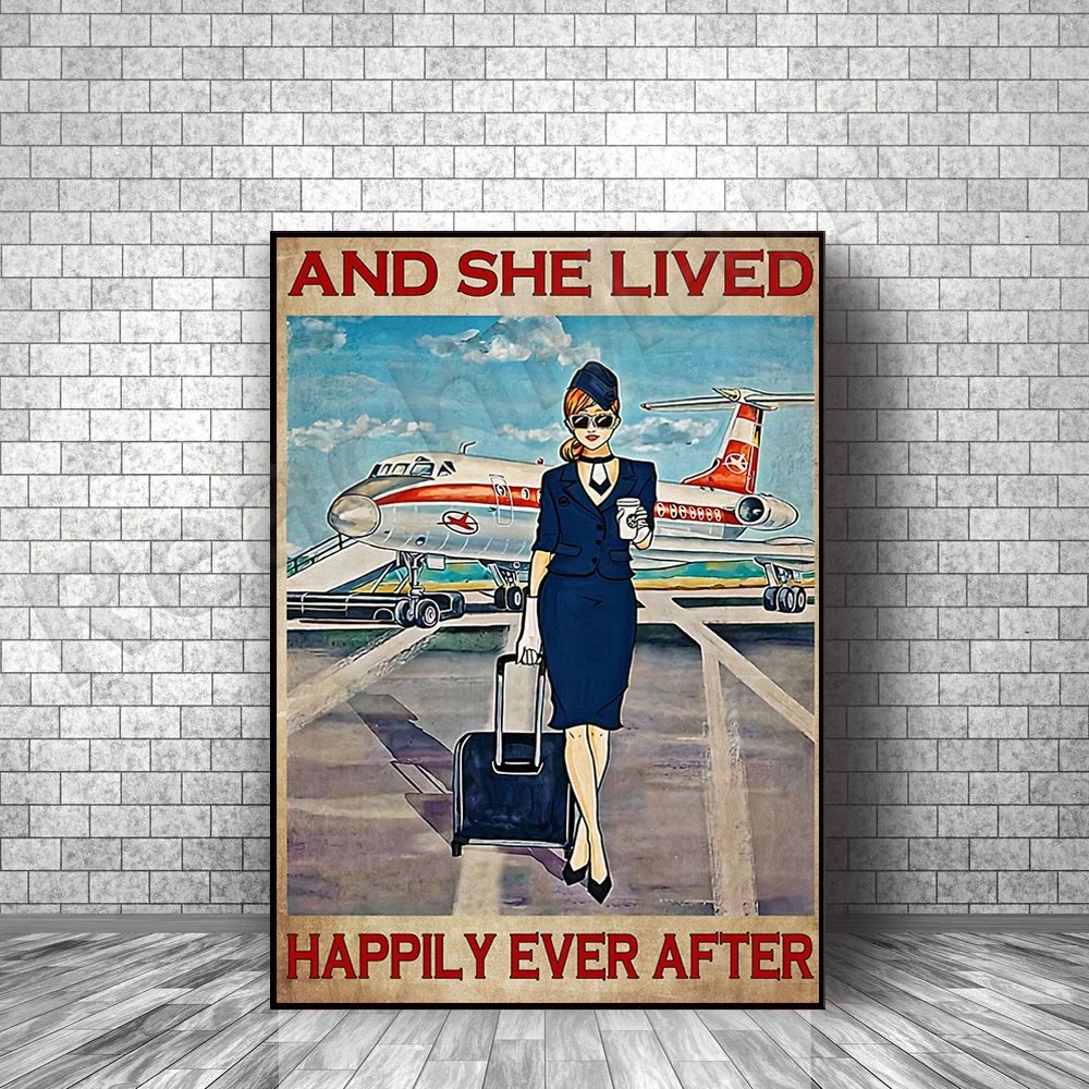 Stewardess-she lives a happy life after frameless poster retro home decoration printing art