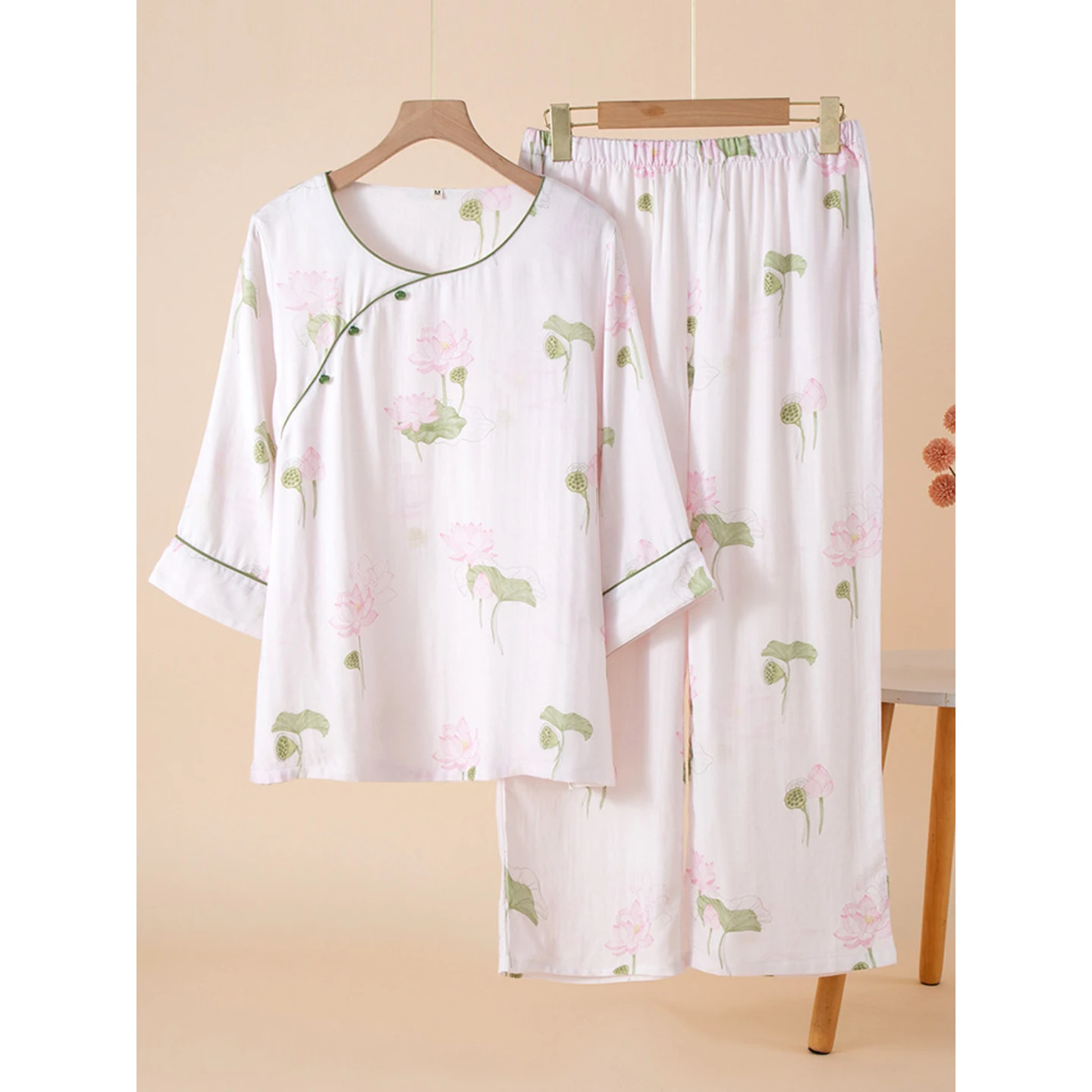 Women's 2-Piece Pajama Set - Chinese Style Bamboo Cotton Sleepwear, 3/4 Sleeve & Plus Size, Lightweight & Breathable, All-Season