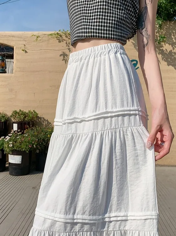 

Белая юбка с кружевными вставками и вырезами, женская, весна-лето, с эластичной талией, утягивающая, скрывающая недостатки фигуры, повседневная, А-силуэт