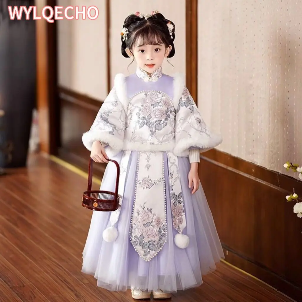 

Girl Hanfu winter Chinese style ancient skirt hairball lovely embroidery stand collar Tang suit thick New Year clothes