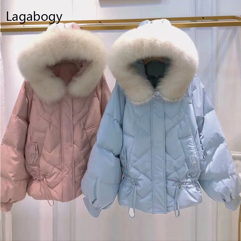 

Women Winter Coat 2023 Short White New Duck Down Jacket Real Fox Fur Collar Female Hooded Warm Loose Parka Snow Outwear