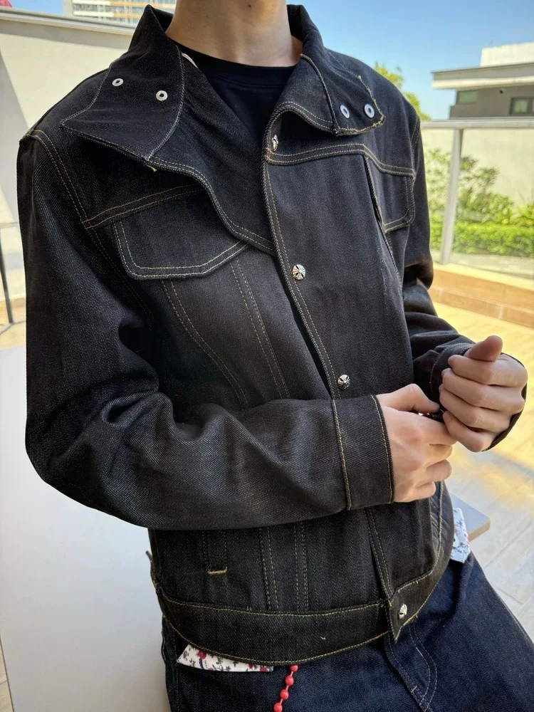 

Classic American Sle Button-Up Denim Jaet Men's Design Original Jeans Asymmetrical Zipper ket Detail Polyester Fiber