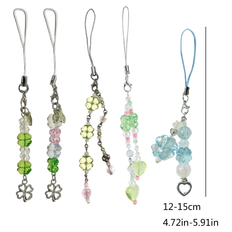 S1Y1 Mobile Phone Pendant Four Leaf Clovers Beaded Keychain Fashionable Keyring Charm Handmade Gift for Friend and Family