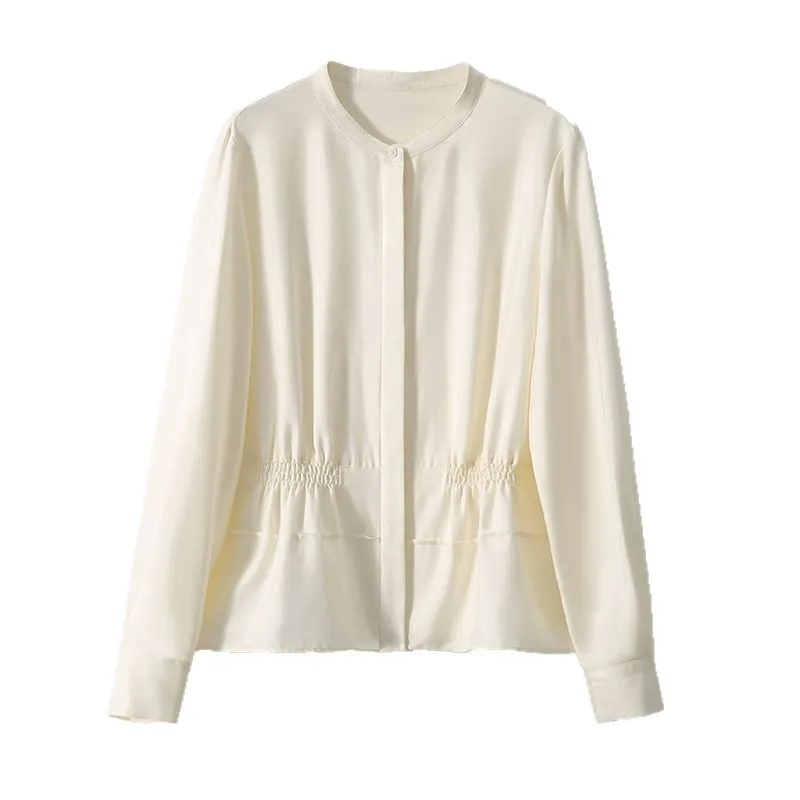 Seidenhemd im alten Geld-Stil, taillierter Mantel, kleiner Stehkragen, weiß, neue Damenbekleidung für den Sommer