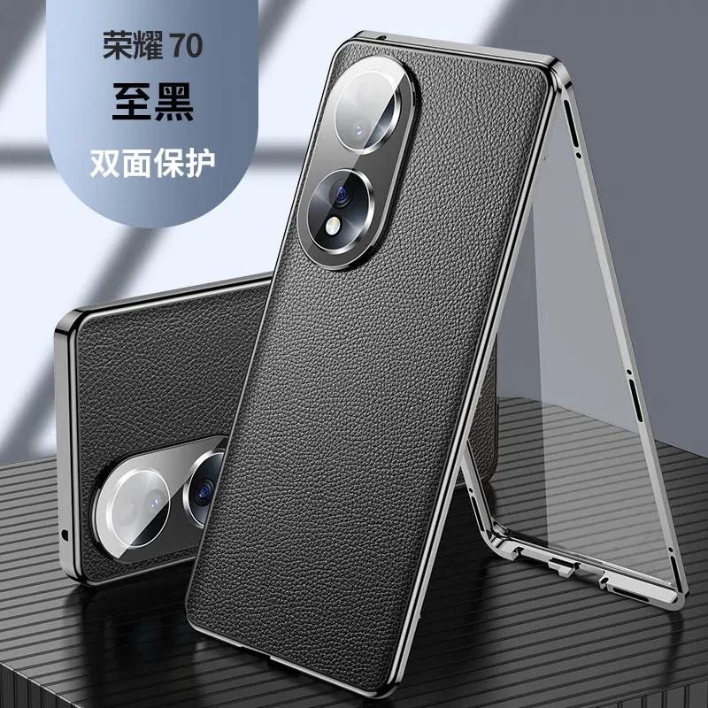 360 Full Protection Metal Bumper Clear Front Glass Case for Honor 70 Honor70 FNE NX9 with Back PU Leather Skin Cover Protector