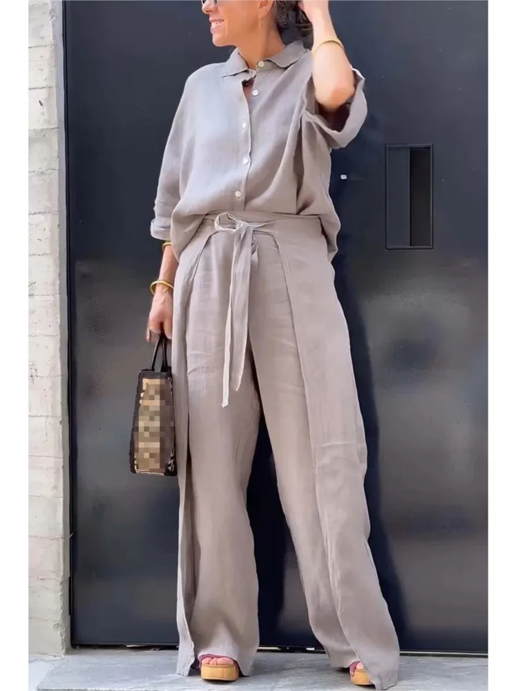 Elegant Office Ladies Suit Casual Solid Color Button Shirt Belt Wide Leg Slit Irregular Pants Sets 2 Piece Set Spring Autumn