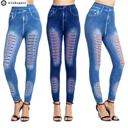 Fashion Stripe Printed Imitation Denim Leggings Elastic Slim HipTight Trousers Bubble Butt Pant Jeans Women Yoga Sportswear