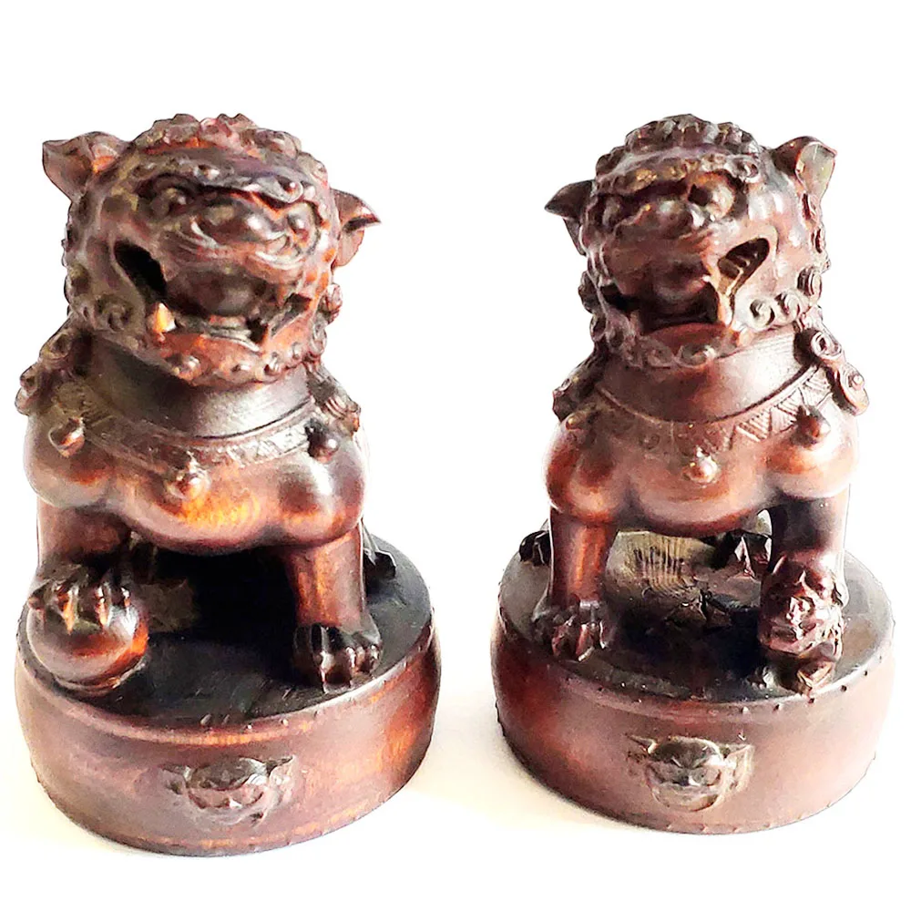 Y9206 - 7 X 5.5 CM Boxwood Carving Figurine Statue  : Stunning Foo Dog Lion Pair