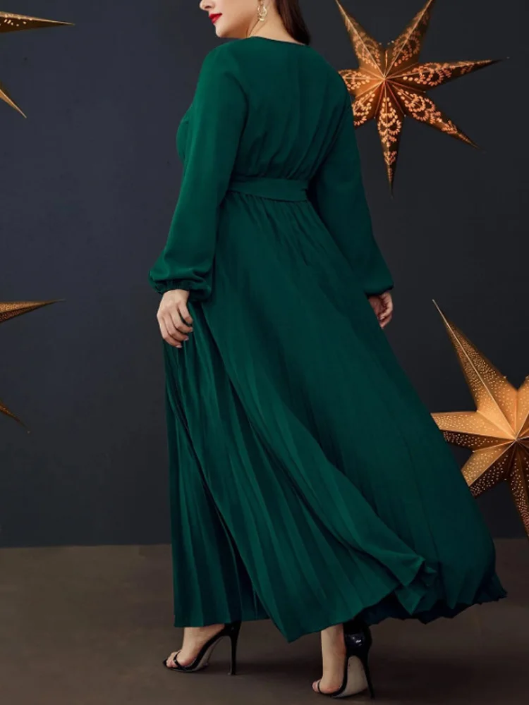 GIBSIE Plus Size Elegant V-Neck Belted Pleated Dress For Women Spring Fall Lantern Long Sleeve Swing A-Line Maxi Dresses