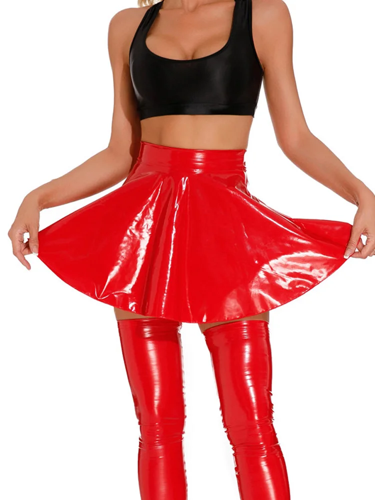 Sexy Women Oil Glossy Shiny Flared Pleated Skirt Wetlook Latex PU Faux Leather Ruffled MINI Skirt Club Stage Wear Dance Wear