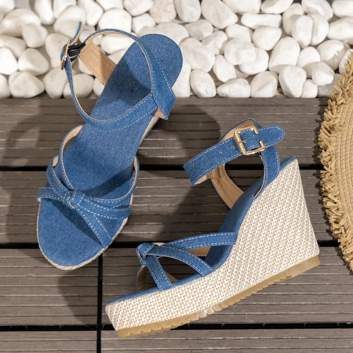 Chunky Platform Wedges Sandals Women 2024 Summer Blue Denim Beach Sandals Woman Plus Size 42 Ankle Straps High Heels Sandalias