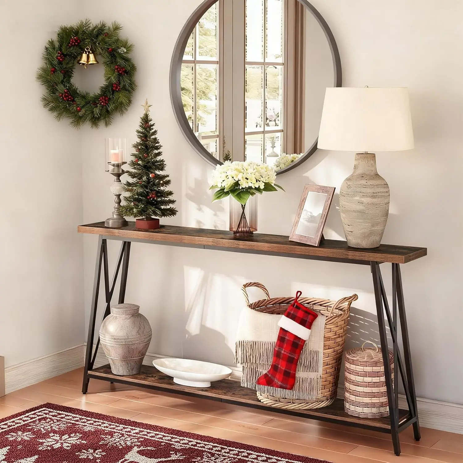 63" Industrial Rustic Brown Console Table with X-Shaped Support for Entryway, Living Room, or Behind Couch