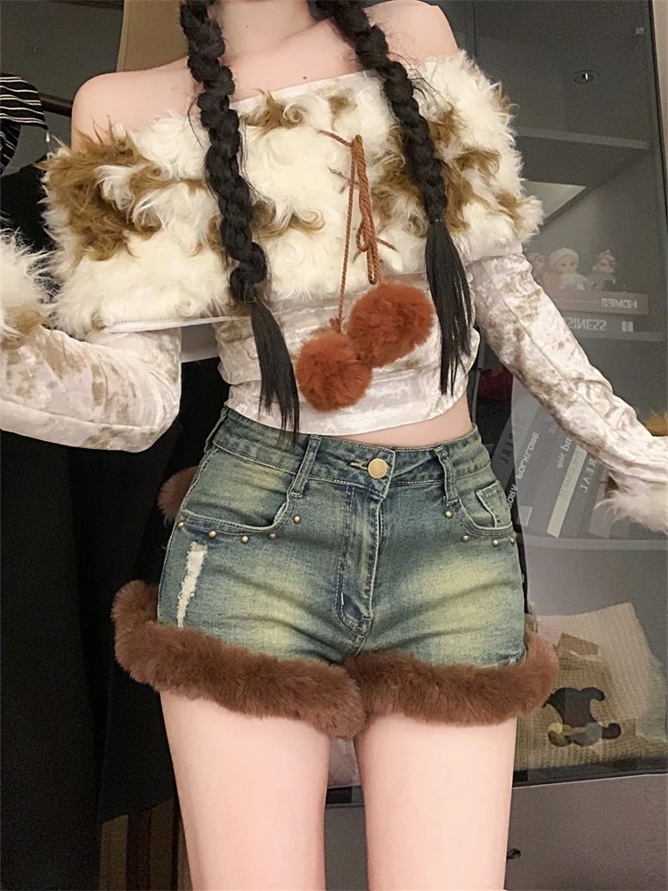 Women's Splicing Plush Design A-line Denim Shorts Cool Girl High Waisted Sexy Hot Pants Female Wide-leg Mini Trousers