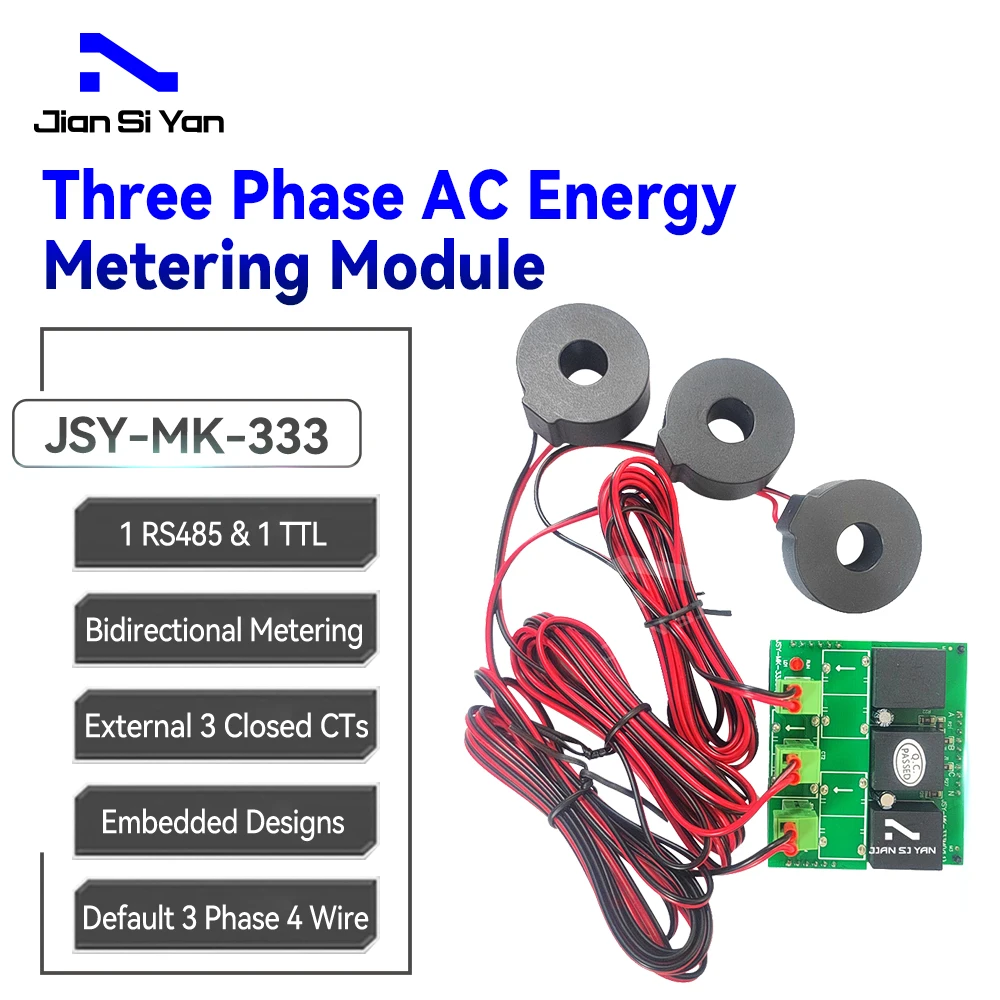 

JSY-MK-333 80A 3 Phase 4 Wire Bidirectional Current Voltage Two Channel Electric Energy Meter Module RS485 TTL 12mm Enclosed CTs
