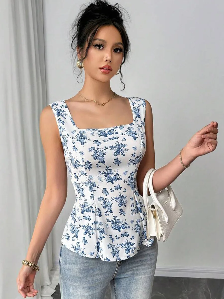 Summer 2026 Floral Print Halter Top Women's Tie-Detail Mini Vest Vacation Style Casual Feminine Fashion Trend