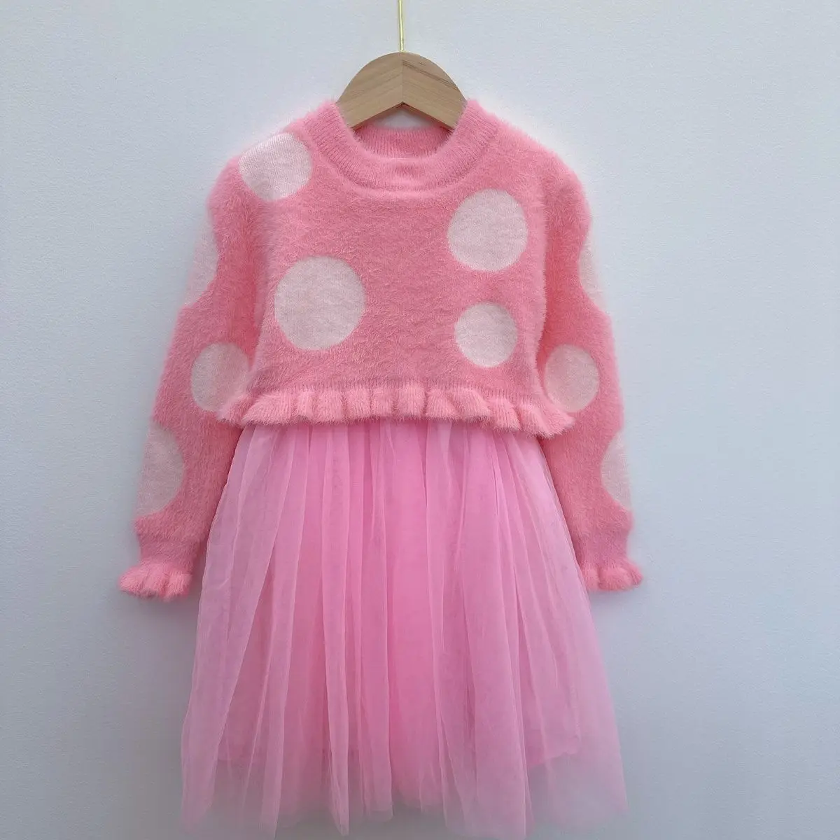 Girls Autumn Winter Knit Dress Mesh Splice Princess Puff Skirt Thick Sweater Kids Fashion Clothing