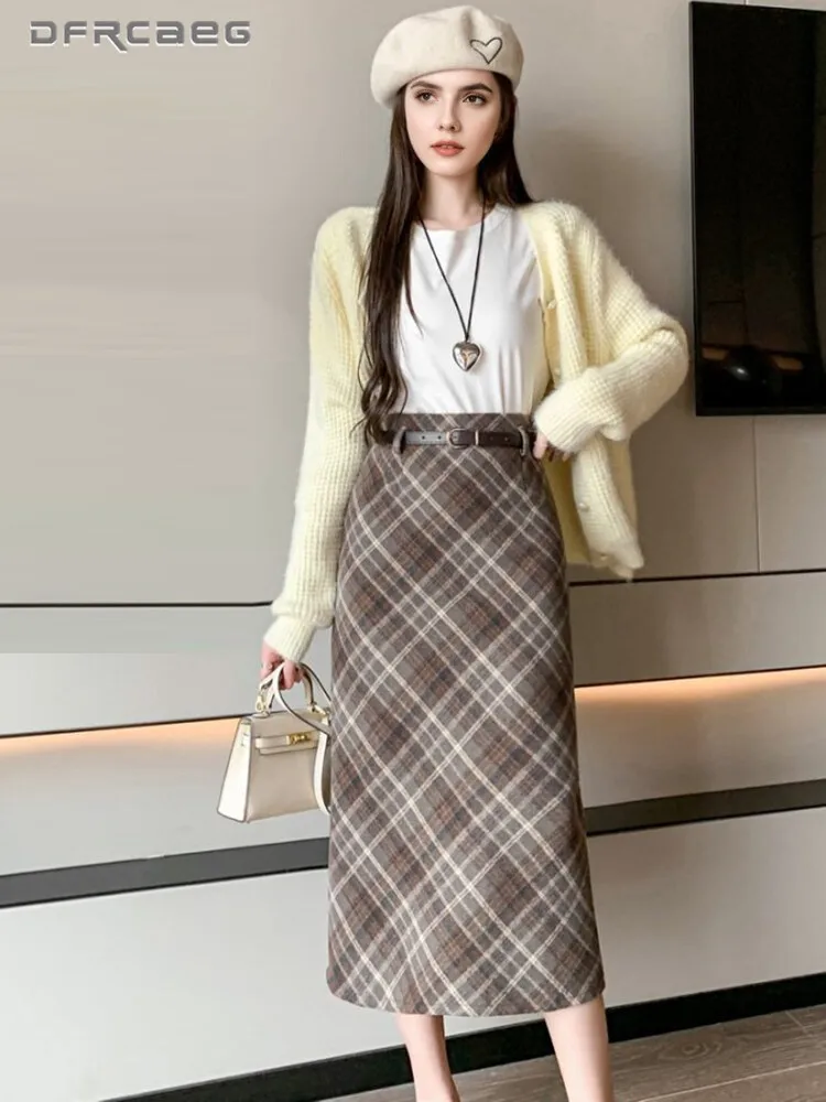 

High Waist Vintage Plaid Woolen Straight Skirt For Woman Autumn Winter Casual Split Slim Midi Saias With Belt