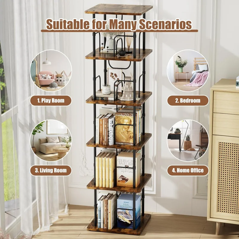 Rustic Brown Square 5-Tier Rotating Bookshelf, 360 °   Display Stackable Spinning Bookshelf Tower, Space Saving Tall Floor Stand