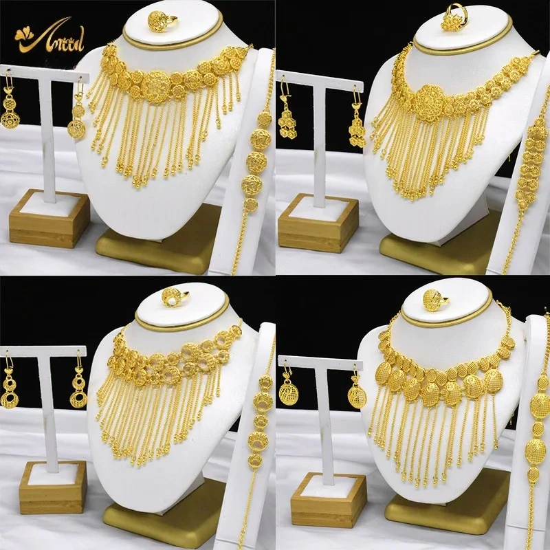 Aniid indische Quaste 24 Karat Gold Farbe Halskette Set nigerian ische Party Braut Hochzeit äthiopischen Luxus Dubai Schmuck Set Großhandel neu