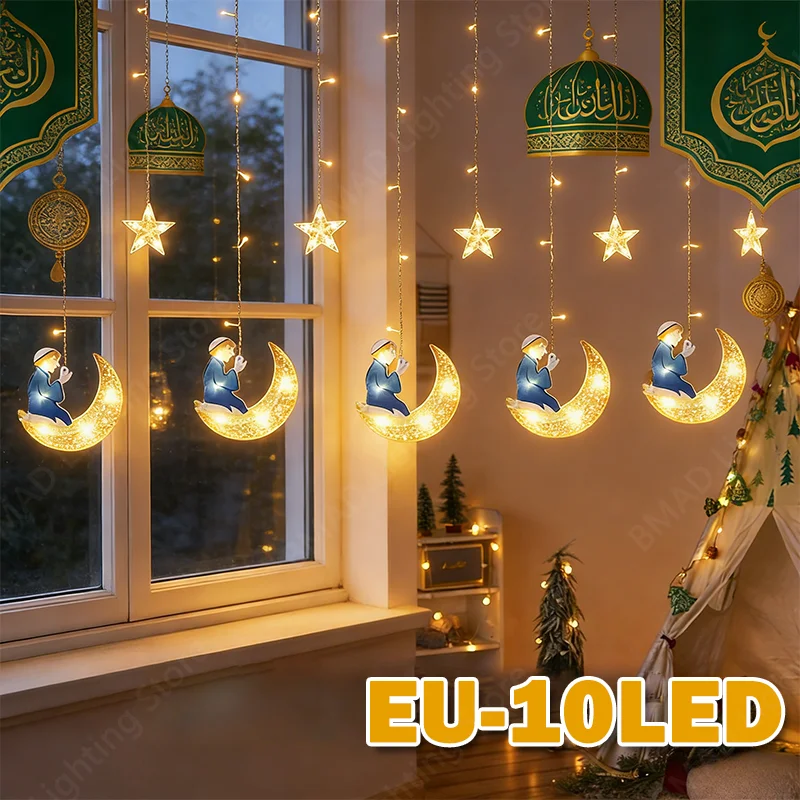 Moon Star Window Curtain lamp 8 Lighting Modes Timer Function for Ramadan Islamic Mubarak string light EU Plug Eid Party Decor