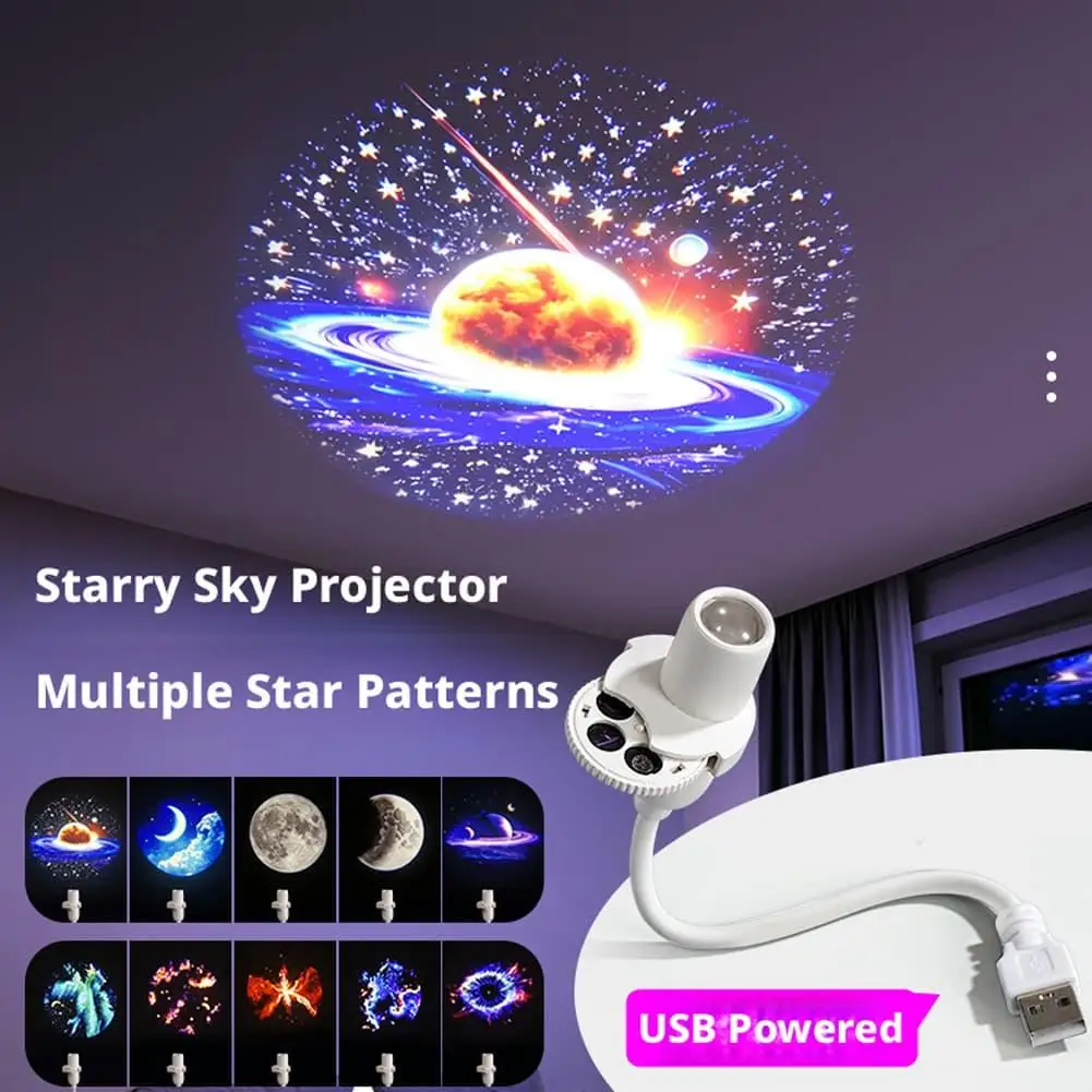 USB Powered Galaxy Starry Sky Projector Flexible Gooseneck Multi‑Planet Projection Patterns Romantic Night Light Lamp
