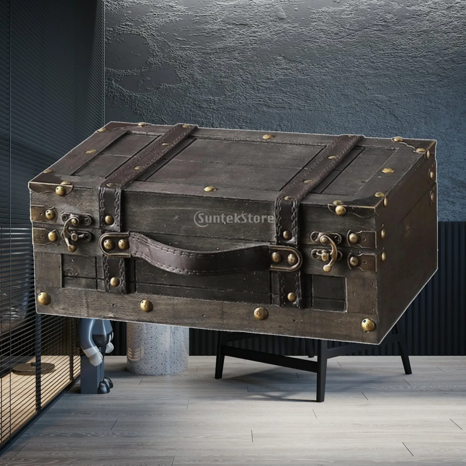 Vintage Wood Storage Box with Decorative Metal Trim and Rivets Rustic Organizer Chest for Bedroom Accessories and Keepsakes