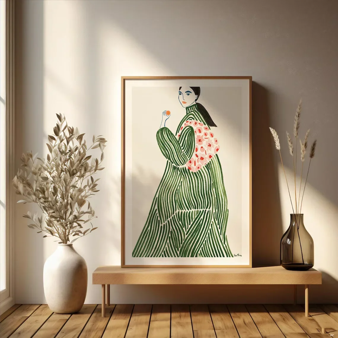 Boho Wall Art, La Poire Green Coat Wall Art, Abstract Line Art, Green Wall Art Digital Print, Home Decor, Instant Download, L