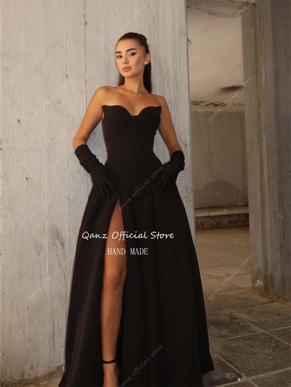 Qanz Vintage noir Satin Robes De Soirée chérie haute fente Robes De Soirée longue une ligne femmes robes Para Mujer personnalisé