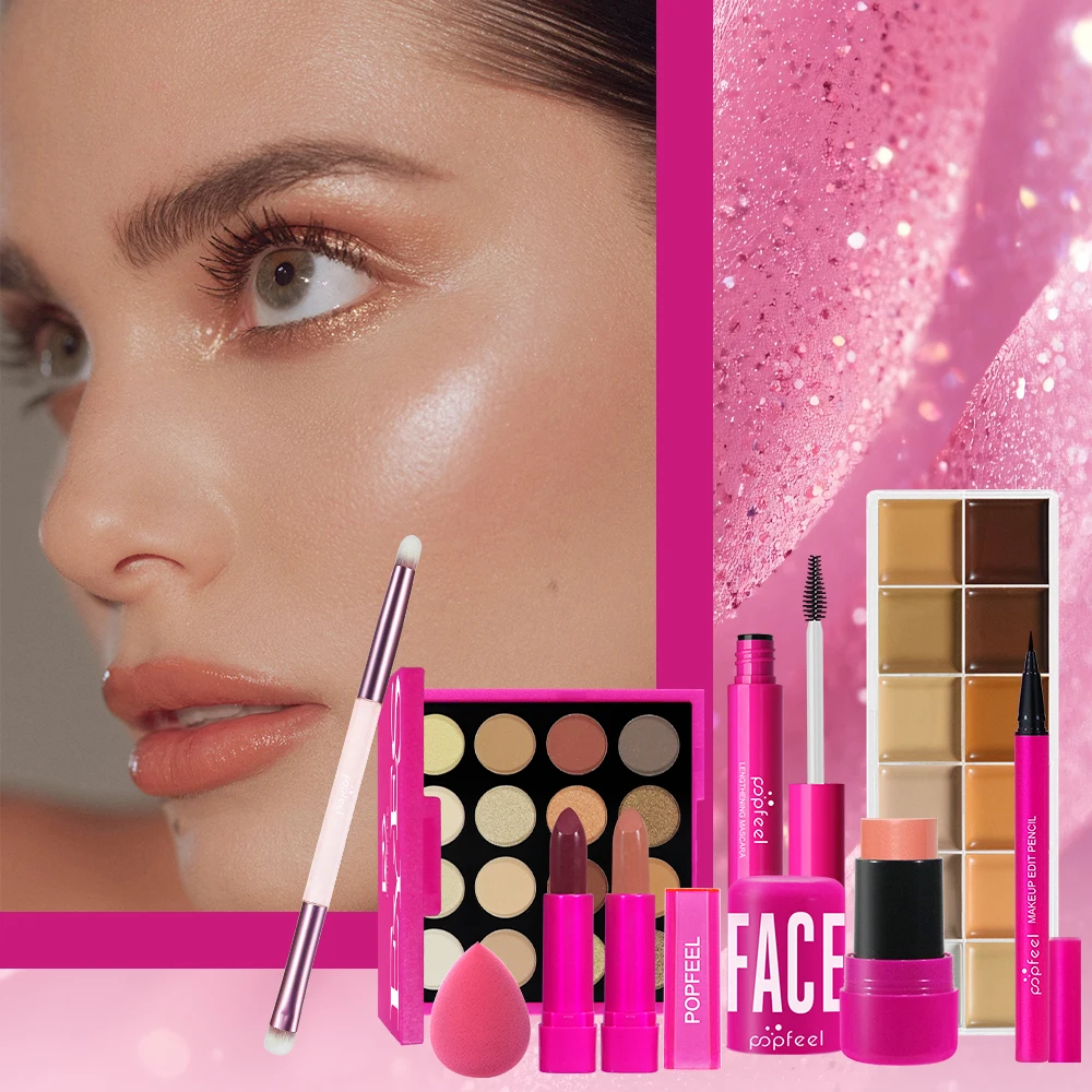 POPFEEL Różowy Zestaw do Makijażu Księżniczki - 8-częściowy Zestaw Kosmetyków na Prezent na Boże Narodzenie, Urodziny i Święta |   Zawiera cienie do powiek, szminkę