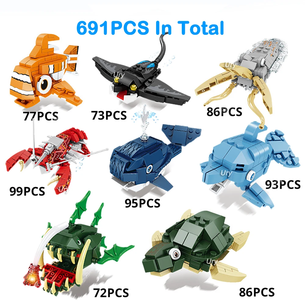 Moc Ocean Marine Fish Animals Lobster Octopus Squid Hermit Crab Model Set Building Blocks Diy Children Assemble Toy for Kid Gift