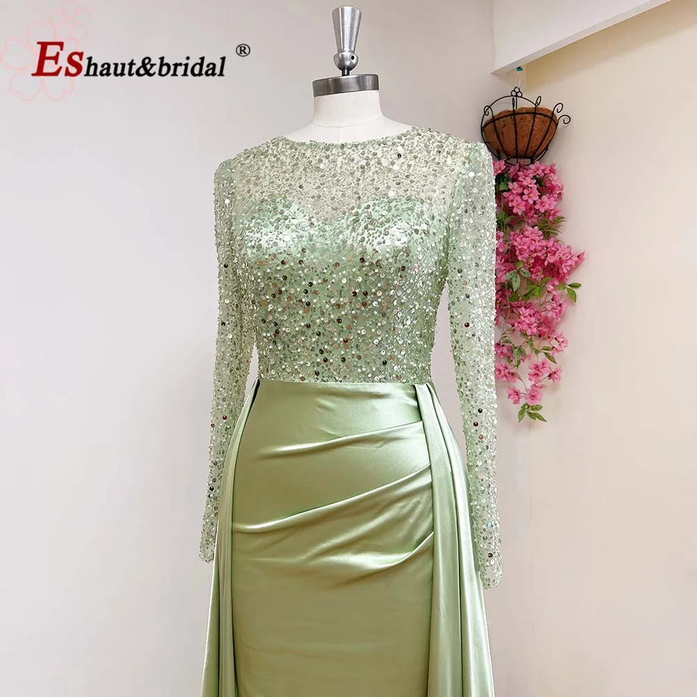 Elegant Mermaid Satin Evening Dress for Women 2024 Muslim O Neck Long Sleeves Beads Formal Prom Wedding Party Gowns Customized