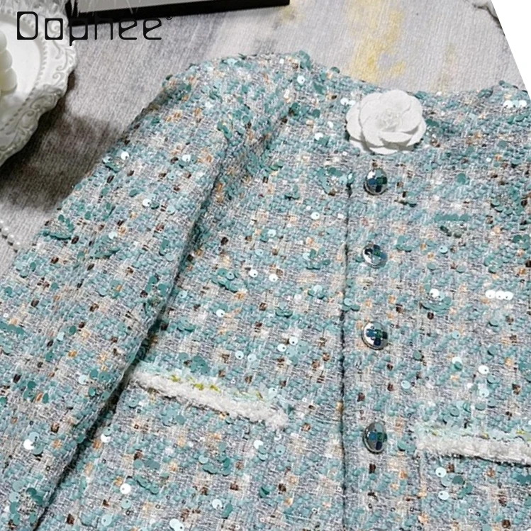 

French Style Elegant Socialist Woven Beaded Woolen Short Coat Heavy Embellished Diamond Tweed Plaid Jackets for Women Autumn New