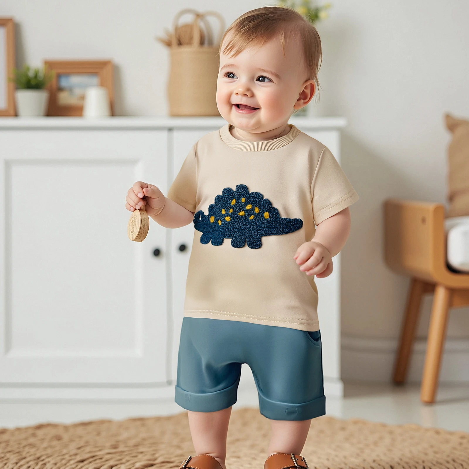 Cute Baby Toddler Boy Set Dinosaur Embroidery Short Sleeve T-shirts Solid Elastic Waist Shorts 2 Piece Summer Boys Outfit Set