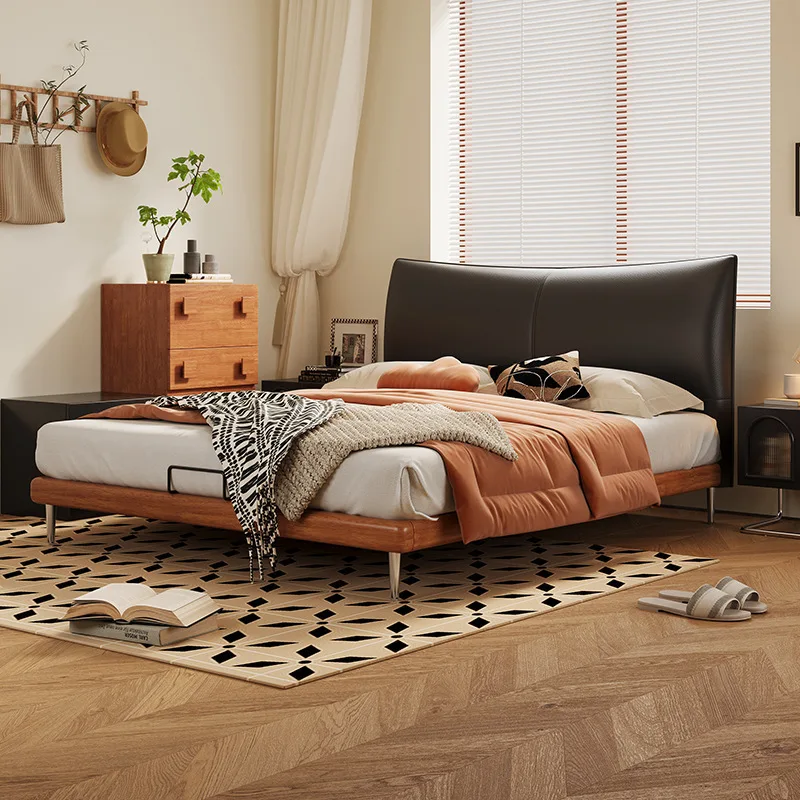 Letto medievale in pelle minimalista primo strato di pelle bovina letto in legno massello letto matrimoniale retrò in faggio