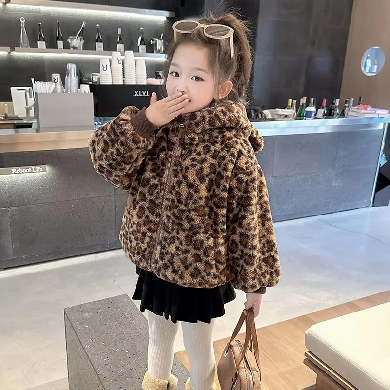 Infant Girl Winter Leopard Print Fur Coat Baby Thermal Clothes Kids Warm Leopard Ear Hoodie Outerwear Child Thick Wool Jacket